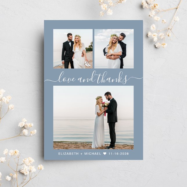 Cartão De Agradecimento Casamento Azul Dusty Collage Foto do Script Chic (Celebrate your love story with a thank you card showcasing your favorite wedding day photos)