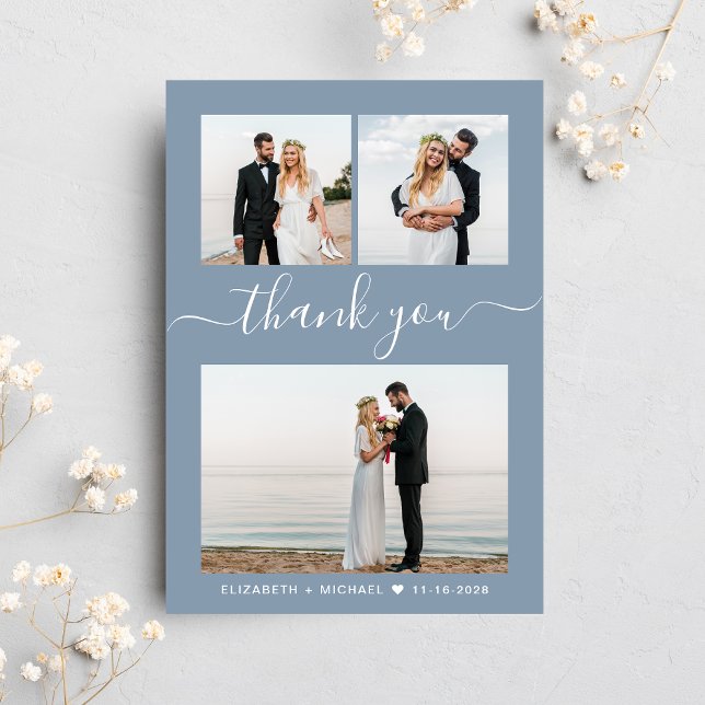 Cartão De Agradecimento Casamento Azul Dusty Collage Foto do Script Chic (Celebrate your love story with a thank you card showcasing your favorite wedding day photos)