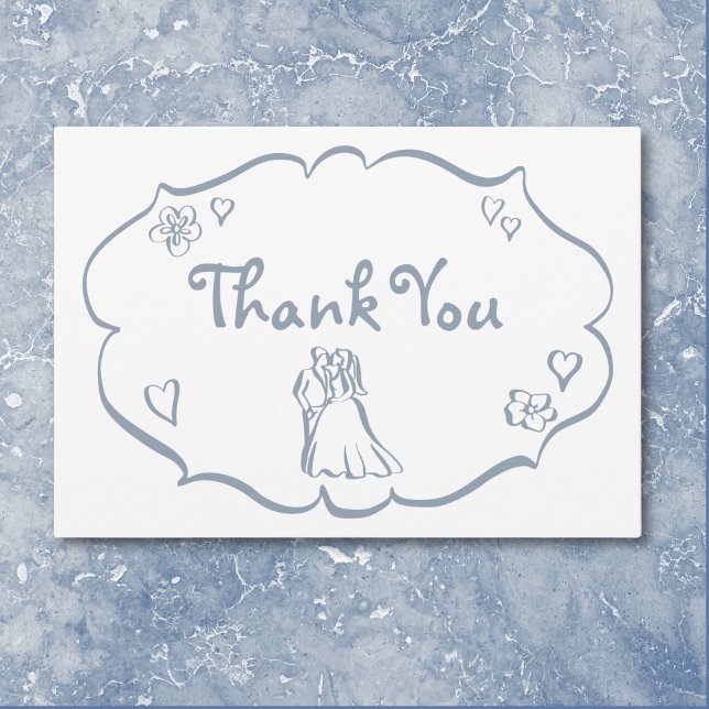 Cartão De Agradecimento Casamento Azul Dusty Com A Mão Retrópica (Whimsical Retro Hand Drawn Dusty Blue Wedding Thank You Card)