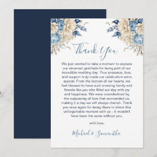 Cartão De Agradecimento Casamento Azul Elegante e Rosa Marfim