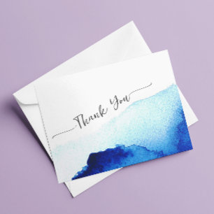 Cartão De Agradecimento Casamento Azul Índigo Aquarela com Letra Moderna