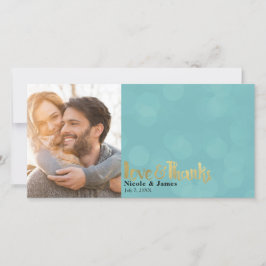 Cartão De Agradecimento Casamento Azul-Petróleo e Dourado Foto Amor e Agra