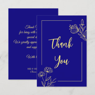 Cartão De Agradecimento Casamento azul real com flor de ouro simples
