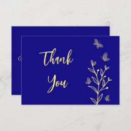 Cartão De Agradecimento Casamento azul real com flor de ouro simples