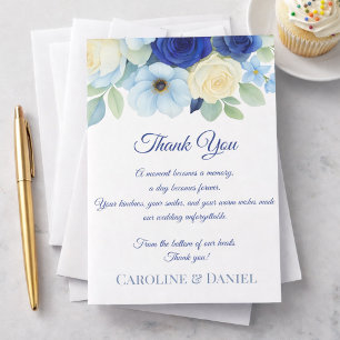 Cartão De Agradecimento Casamento Azul Royal Bue Aquarela Flores de Marfim