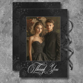 Cartão De Agradecimento Casamento Azul Satin Damask Negro Negro Negro Escu