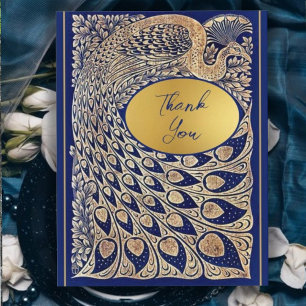 Cartão De Agradecimento Casamento Blue Dourado de Peacock Art Nouveau