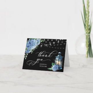 Cartão De Agradecimento Casamento Blue Hydrangea Floral Lanterna Negra Boh