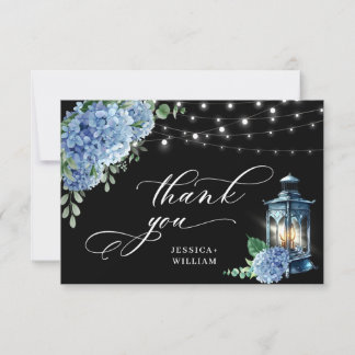 Cartão De Agradecimento Casamento Blue Hydrangea Floral Lanterna Negra Boh