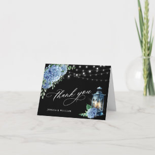 Cartão De Agradecimento Casamento Blue Hydrangea Floral Lanterna Negra Boh