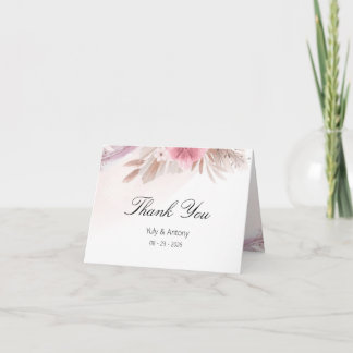 Cartão De Agradecimento Casamento Boho Chic com Rosa Romântica e Champanhe