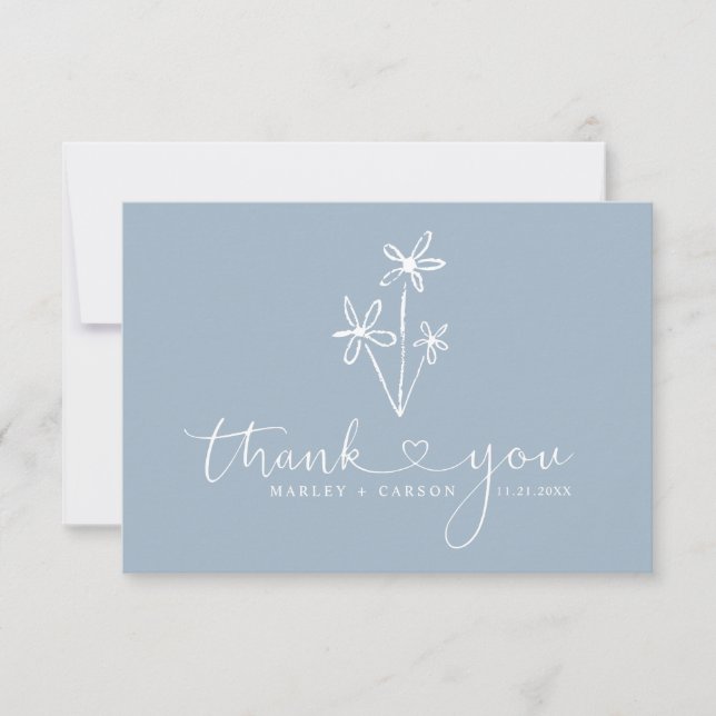 Cartão De Agradecimento Casamento Boho Coração Script Azul Empoeirado (Frente)