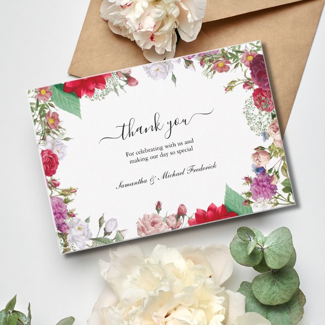 Cartão De Agradecimento Casamento Boho de Flores Selvagens Obrigado Cartõe (Wildflower wedding thank you card. Elegant script calligraphy)
