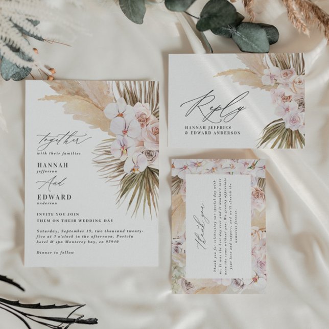 Cartão De Agradecimento Casamento botânico boêmico moderno Pampas que (Criador carregado)