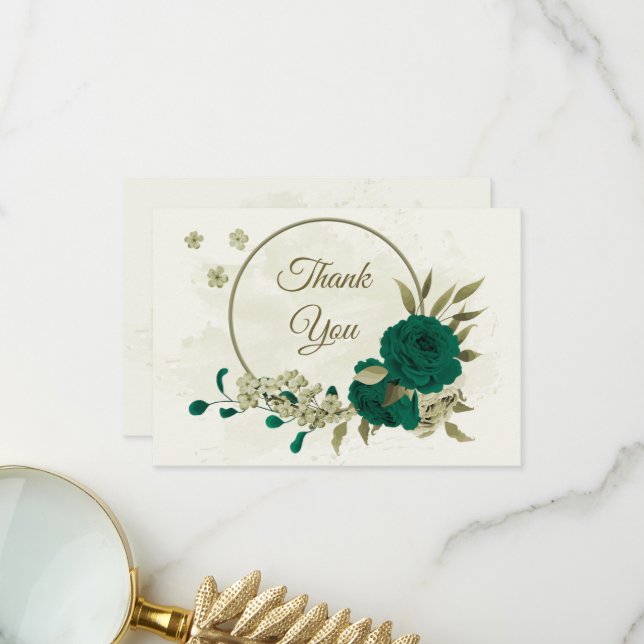 Cartão De Agradecimento casamento botânico com flores verdes esmeraldas (Frente/Verso In Situ)