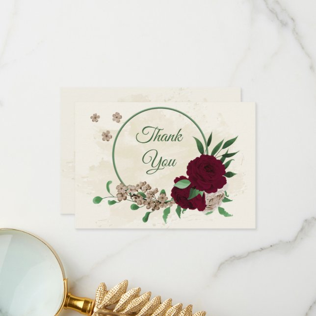 Cartão De Agradecimento Casamento botânico de champanhe de borgonha (Frente/Verso In Situ)