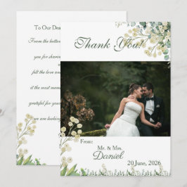 Cartão De Agradecimento Casamento Botânico de Eucalipto e Florais Brancas