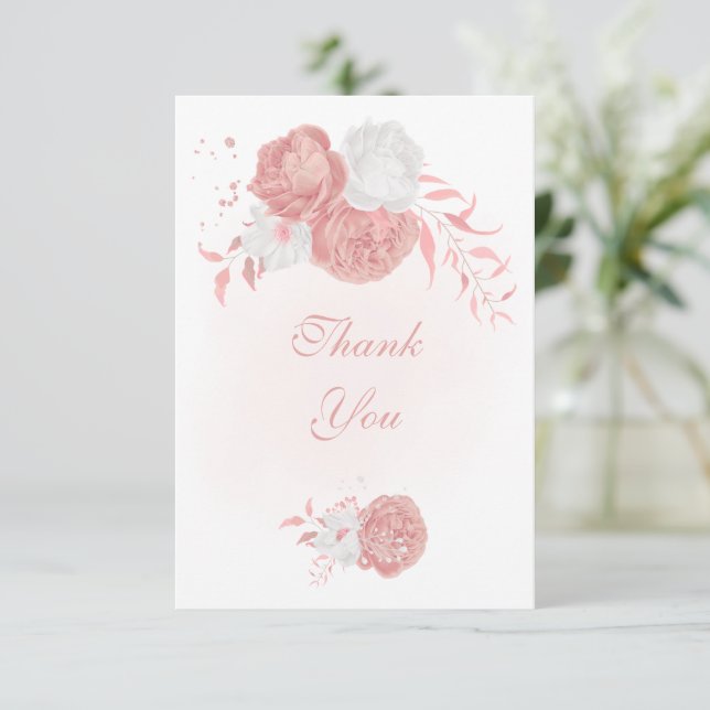 Cartão De Agradecimento casamento botânico de flores rosa e brancas (Em pé/Frente)