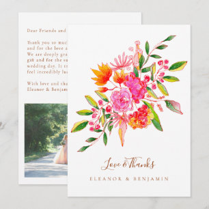 Cartão De Agradecimento Casamento Botânico de Foto em Aquarela Laranja Per