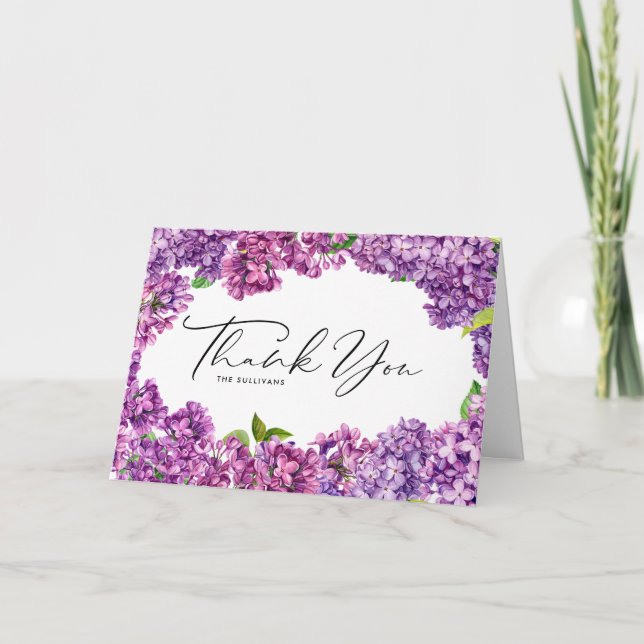 Cartão De Agradecimento Casamento Botânico de Moldura Lilac Floral (Frente)