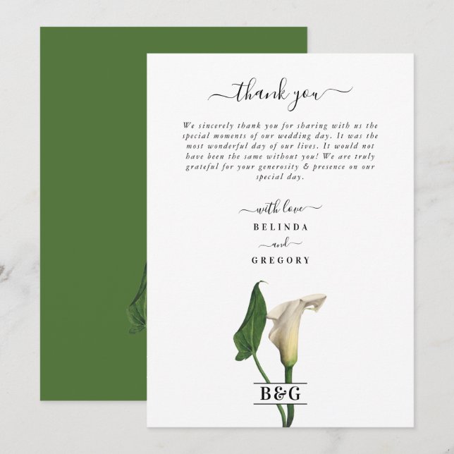 Cartão De Agradecimento Casamento Botânico Elegante Calla Lily Green (Frente/Verso)