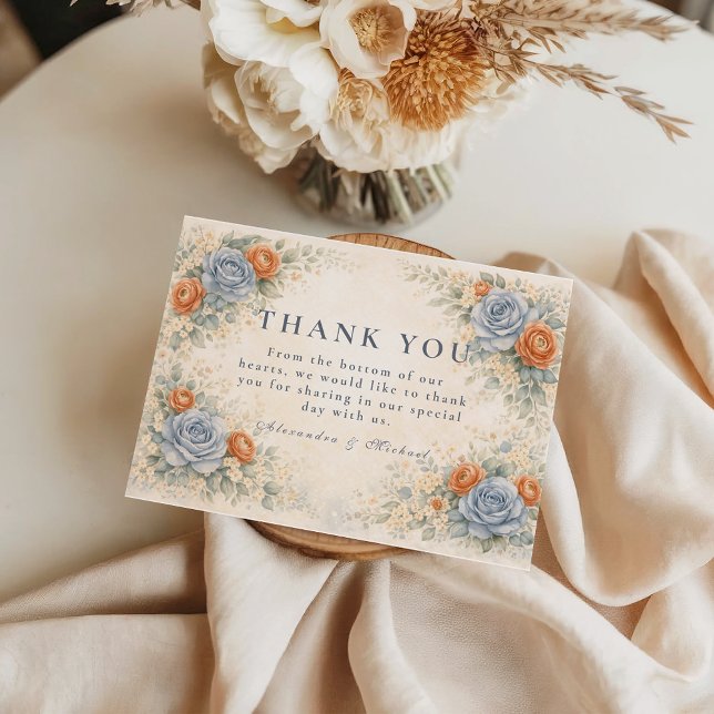 Cartão De Agradecimento Casamento Botânico Rosa Azul (Criador carregado)