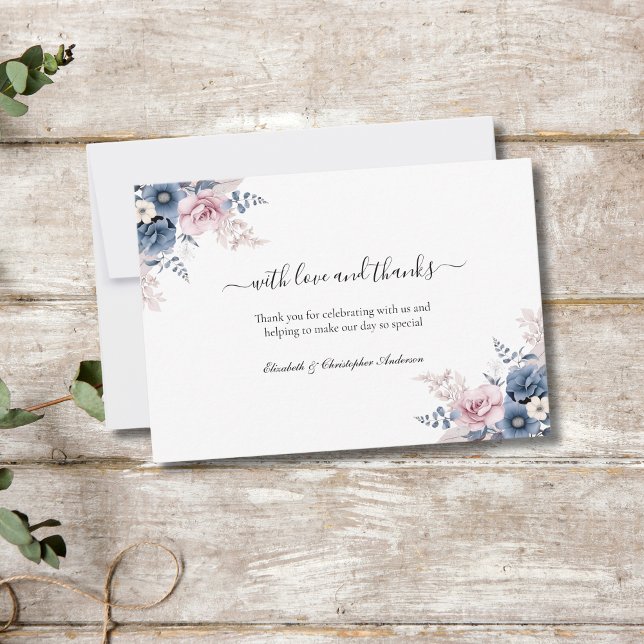 Cartão De Agradecimento Casamento Botânico Rosa-Cor-de-Rosa-Blush (Dusty Blue Blush Pink Floral Botanical Watercolor Elegant Wedding Thank you cards)
