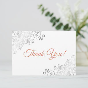 Cartão De Agradecimento Casamento Branco Elegante com Renda Prata e Terrac
