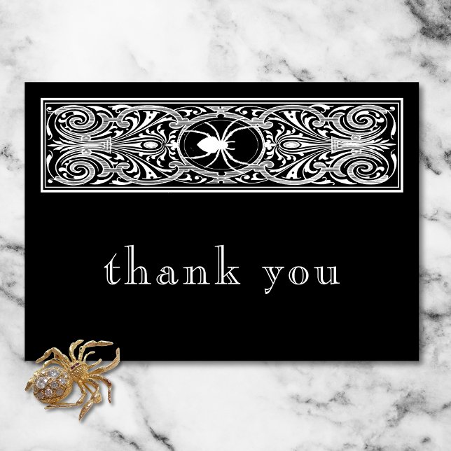 Cartão De Agradecimento Casamento Branco Negro de Aranha-Gótica (Gothic Spooky Spider Black White Wedding Thank You Card)