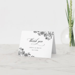 Cartão De Agradecimento Casamento Branco Negro Floral Elegante Vintage