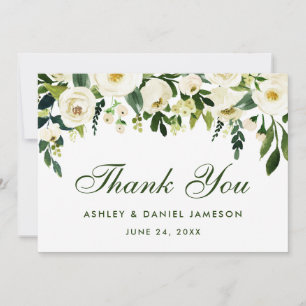 Cartão De Agradecimento Casamento Branco Verde Floral de Watercolor Obriga