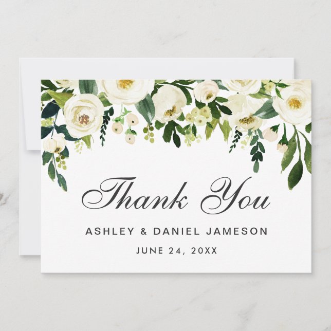 Cartão De Agradecimento Casamento Branco Verde Floral Por Aquarela Obrigad (Frente)
