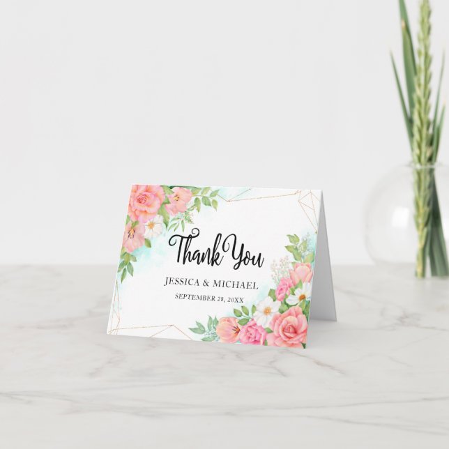 Cartão De Agradecimento Casamento Buquê Floral de Ombre-Turquesa Rosa (Frente)