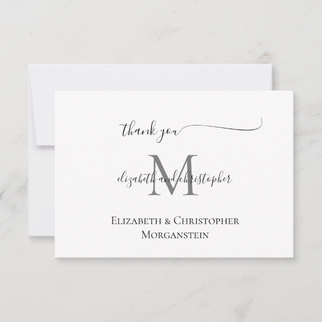 Cartão De Agradecimento Casamento Caligrafia Script Preto Branco Monograma (Frente)