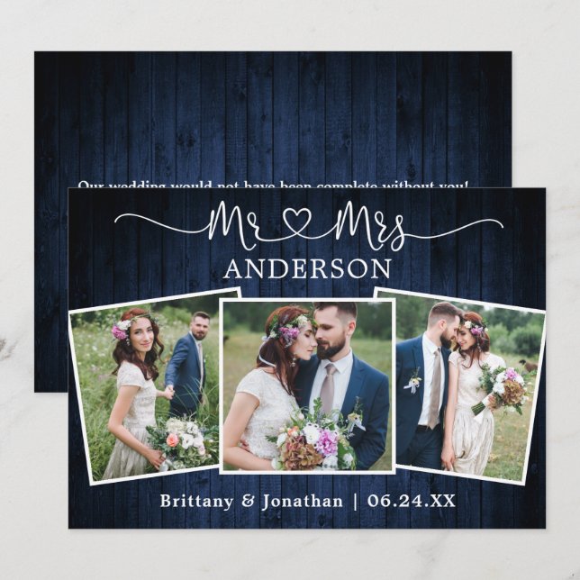 Cartão De Agradecimento Casamento Calliografia Coração Sr. Sra. 3 Foto Mad (Frente/Verso)