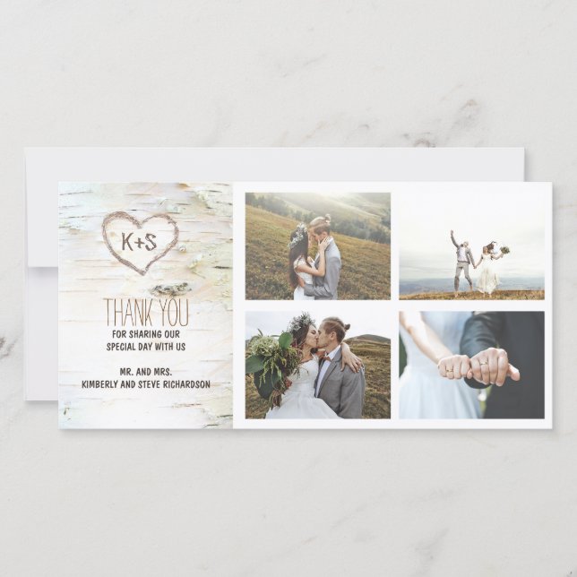 Cartão De Agradecimento Casamento Cardíaco Rustic Birch Latido Obrigado (Frente)