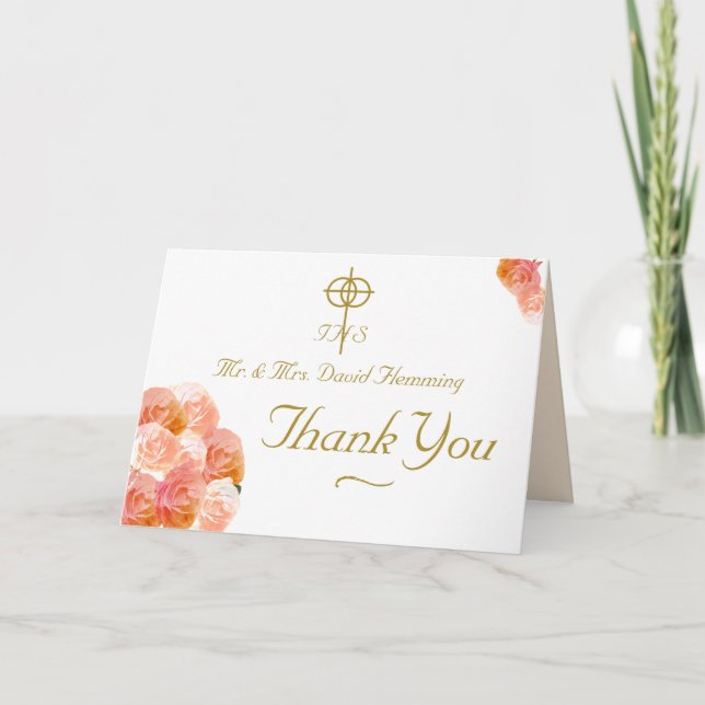 Cartão De Agradecimento Casamento Católico Peach Terracotta Rosa (Frente)