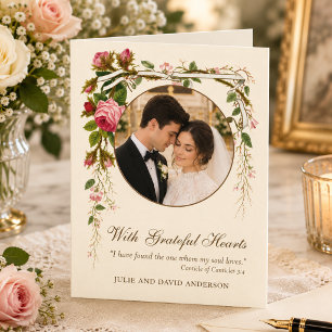 Cartão De Agradecimento Casamento Católico Vintage com Escritura e Foto