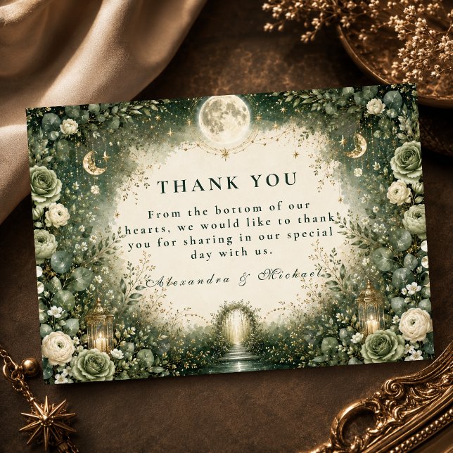 Cartão De Agradecimento Casamento Celestial Verde Elegante (Criador carregado)