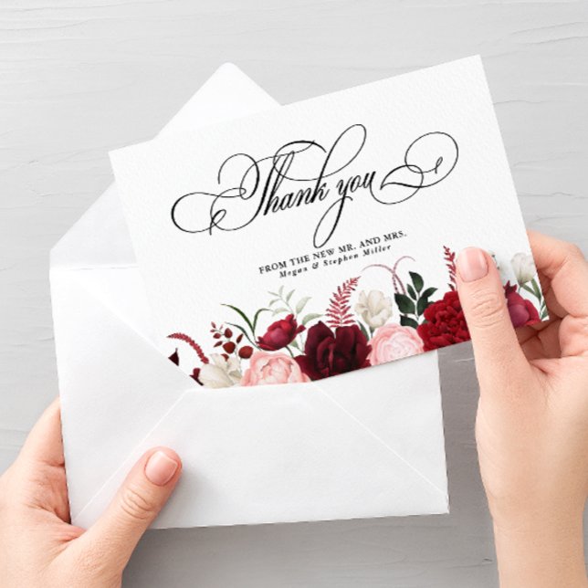 Cartão De Agradecimento Casamento Chic Floral Romântico da Aquarela Burgun (Criador carregado)