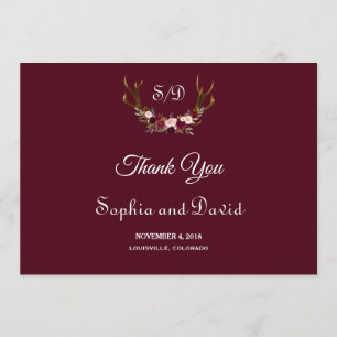 Cartão De Agradecimento Casamento Chic Marsala Floral Antlers Obrigado