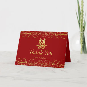 Cartão De Agradecimento Casamento chinês com borda floral em ouro vermelho