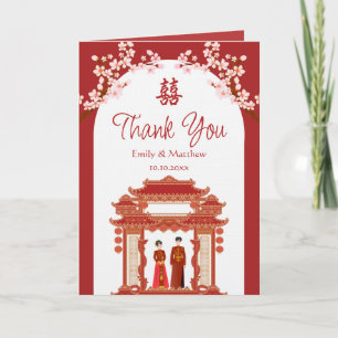 Cartão De Agradecimento Casamento chinês com cereja do templo casal vermel