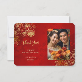 Cartão De Agradecimento Casamento Chinês com Foto Floral Moderna