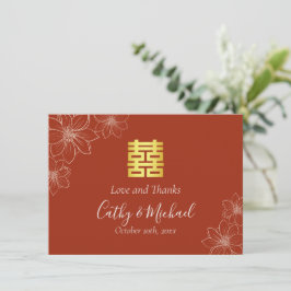 Cartão De Agradecimento Casamento chinês floral moderno boho vermelho