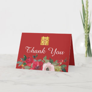 Cartão De Agradecimento Casamento chinês moderno floral aquarela rosa verm