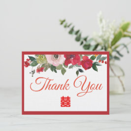 Cartão De Agradecimento Casamento chinês moderno floral aquarela rosa verm