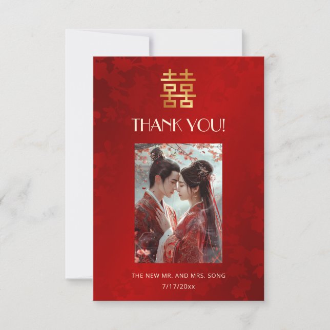 Cartão De Agradecimento Casamento Chinês Simples Moderno com Foto (Frente)