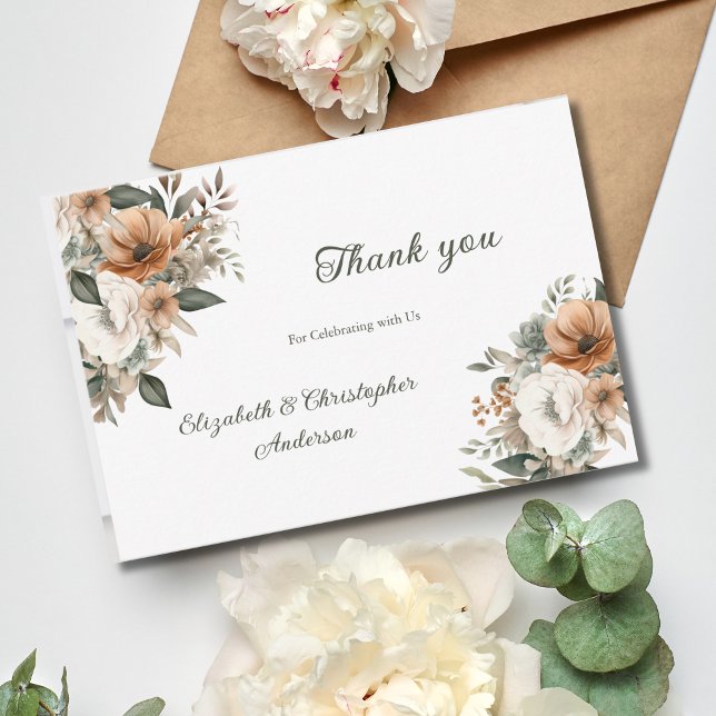 Cartão De Agradecimento Casamento Cinzento Botânico Neutro (Neutral Flowers Floral Botanical Greenery Wedding Thank you card)