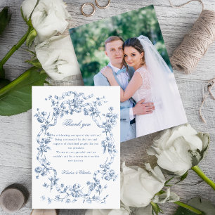 Cartão De Agradecimento Casamento Clássico Francês com Flores Azuis e Fita